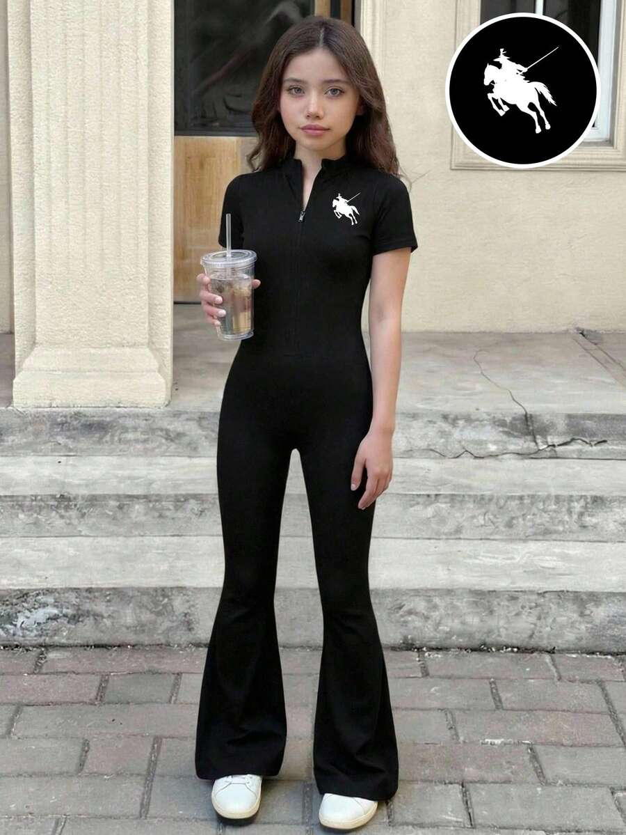 SHEIN 少女半拉链连体衣黑色喇叭裤，返校季，休闲外出 - 黑色 - 查看 1