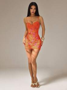 SHEIN PETITE Lace Cup Detail Tropical Floral Mesh Bodycon Mini Dress Dress With Built In Bra Women Sexy Dress Orange Dress Night Club Dress - Orange - View 3