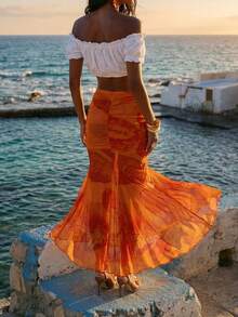 Femesol 女士时尚优雅休闲度假海星印花不对称开衩长裙 - 彩色 - 查看 1