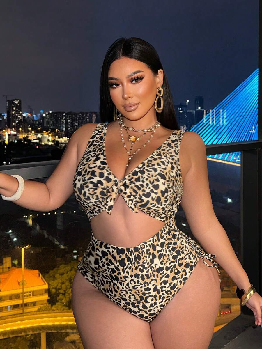Swim SXY 2026 Spring/Summer Beige Leopard Print One-Piece Swimsuit For Thick Women,Plus Size Club Outfits,Minimalist Beach Vacation Holiday Rave Outfits - Multicolor - View 1