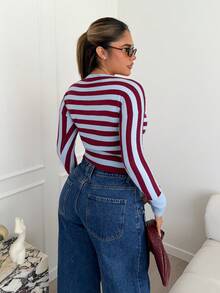 Maria Perezxox Women's Autumn/Winter New Arrival Turtleneck Long Sleeve Burgundy Striped Fitted Ribbed Sweater,Fall,Fall Clothes For Women - Burgundy - View 2