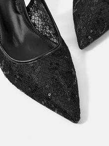 CUCCOO HITCHD 女士尖头蕾丝刺绣高跟鞋，优雅浪漫白色女士浅口鞋，新娘婚礼场合高跟鞋 - 黑與白 - 查看 4