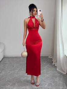 Elenzga 女士露背系带性感缎面立领连衣裙 - 紅色 - 查看 7