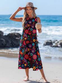 Sylviya 女士休闲彩色碎花中长连衣裙，适合春夏度假，波西米亚风服装，女士夏季时尚连衣裙，休闲款 - 彩色 - 查看 5