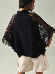 SoleilVie 女士蕾丝拼接蝙蝠袖优雅衬衫 - 黑色 - 查看 2