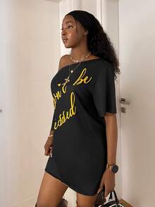 StreetHx Women's Fashionable Asymmetrical Shoulder Printed Black Dress - Multicolor - View 6