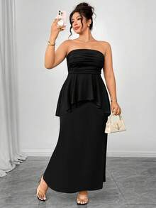 Elenzga Plus Size Women 2pcs Set Knitted Elastic Cropped Camisole Top & Asymmetric Fishtail Skirt Suit, Elegant Black Outfit - Black - View 5
