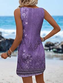 Sylviya Đầm hai dây không tay in hoa thời trang dành cho nữ, màu tím oải hương, kiểu dáng thường ngày. - Màu tím hoa cà - Xem 2