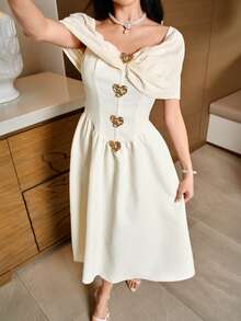 Modelyn Women's Metal Decor Elegant Waist Cinched Midi Party Dress,Summer Dresses For Women - Apricot - View 8