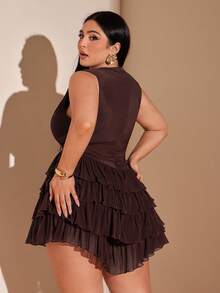 SHEIN BAE 大码女士优雅蛋糕裙摆连体衣 - 紅木色 - 查看 2