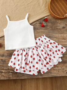 Bộ đồ bé gái gồm áo hai dây và quần short thêu hình dâu tây. - trắng - Xem 2