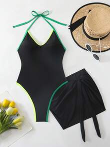 Swim SXY Conjunto de traje de baño sexy con escote halter y espalda descubierta de colores contrastantes - Negro - Ver 3
