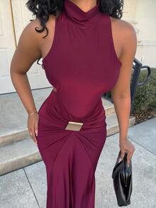 Alexandranx Elegantes langes Abendkleid für Damen mit Langarm, hohem Kragen, rückenfreiem Design und Metallschnallen-Dekor, in Burgunderrot und Ziegelrot erhältlich, aus elastischem Strickstoff gefertigt, geeignet für Cocktailpartys, romantische Dates, Herbst-/Wintermode, Hochzeiten, Brautjungfern, formelle Anlässe, Halloween, Weihnachten - Bordeaux - Übersicht 6