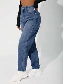 SHEIN PETITE Quần Jeans Mom Fit Cạp Cao Có Khóa Kéo, Quần Jeans Thường Ngày Cho Nữ, Túi, Khóa Kéo, Quần Jeans Ống Thẳng Cạp Cao Dài Màu Đen, Quần Jeans Mom Fit Cỡ Thường, Quần Jeans Nữ, Mùa Xuân/Thu, Trang Phục Thường Ngày Hàng Ngày - Rửa tối - Xem 2
