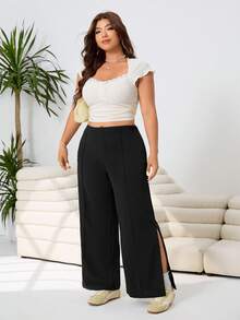 Solflare 春夏新款休闲宽松针织裤，侧开衩设计，适合户外、日常、派对、音乐节、返校、毕业典礼、度假、通勤、街头穿搭、婚礼、居家休闲、逛街、城市漫步等场合，大码，黑色 - 黑色 - 查看 6