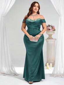 Coutiva 大码优雅亮片拼接露肩鱼尾下摆正式晚礼服 - 綠色 - 查看 7