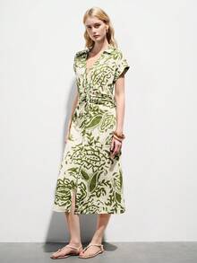 Aveloria Modichic Đầm sơ mi kiểu Bohemian cổ điển in hoa, cài cúc phía trước, xếp ly ở eo, phối màu trắng ngà và xanh ô liu, đa năng cho kỳ nghỉ thanh lịch, đi làm và mặc thường ngày. - Nhiều màu - Xem 3