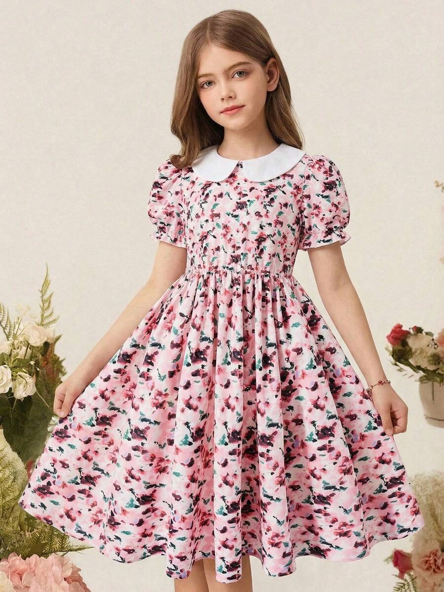 SHEIN Tween Girl Peter Pan Collar Bubble Sleeve Allover Print Dress - Multicolor - View 1