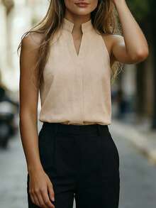 Balvessa Áo sơ mi nữ không tay cổ đứng bằng chất liệu cotton nguyên chất, đa năng và tôn dáng. - Màu be - Xem 3