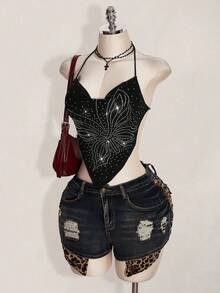 SHEIN ICON 夏季女士黑色哥特风露背性感蝴蝶水钻露背吊带上衣，适合外出、参加科切拉音乐节、夜店等场合，夏季 - 黑色 - 查看 6