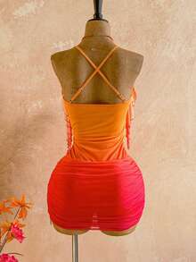 Soleia Women's Sunset Ombre Red Orange Floral Chiffon Mini Dress,Boho Summer Beach Vacation Holiday Outfits,Music Festival,Party,Island Cruise Summer Outfit - Multicolor - View 2