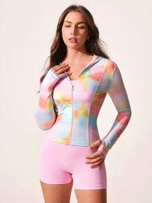 SHEIN Sovereign Charm 女士扎染拉链休闲百搭日常长袖运动夹克 - 彩色 - 查看 4