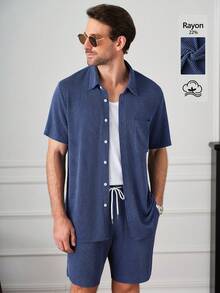 Core Aspect 男士条纹短袖单排扣衬衫和短裤套装 - 藍色 - 查看 3