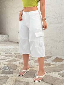 Rivivi Fashionable Low-Waist Carpenter Pocket Washed 7/8 Casual Jeans - White - View 5