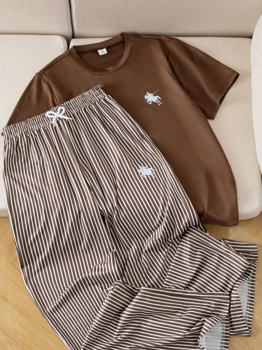 SHEIN 少女骑士印花T恤和条纹裤套装 - 彩色 - 查看 1