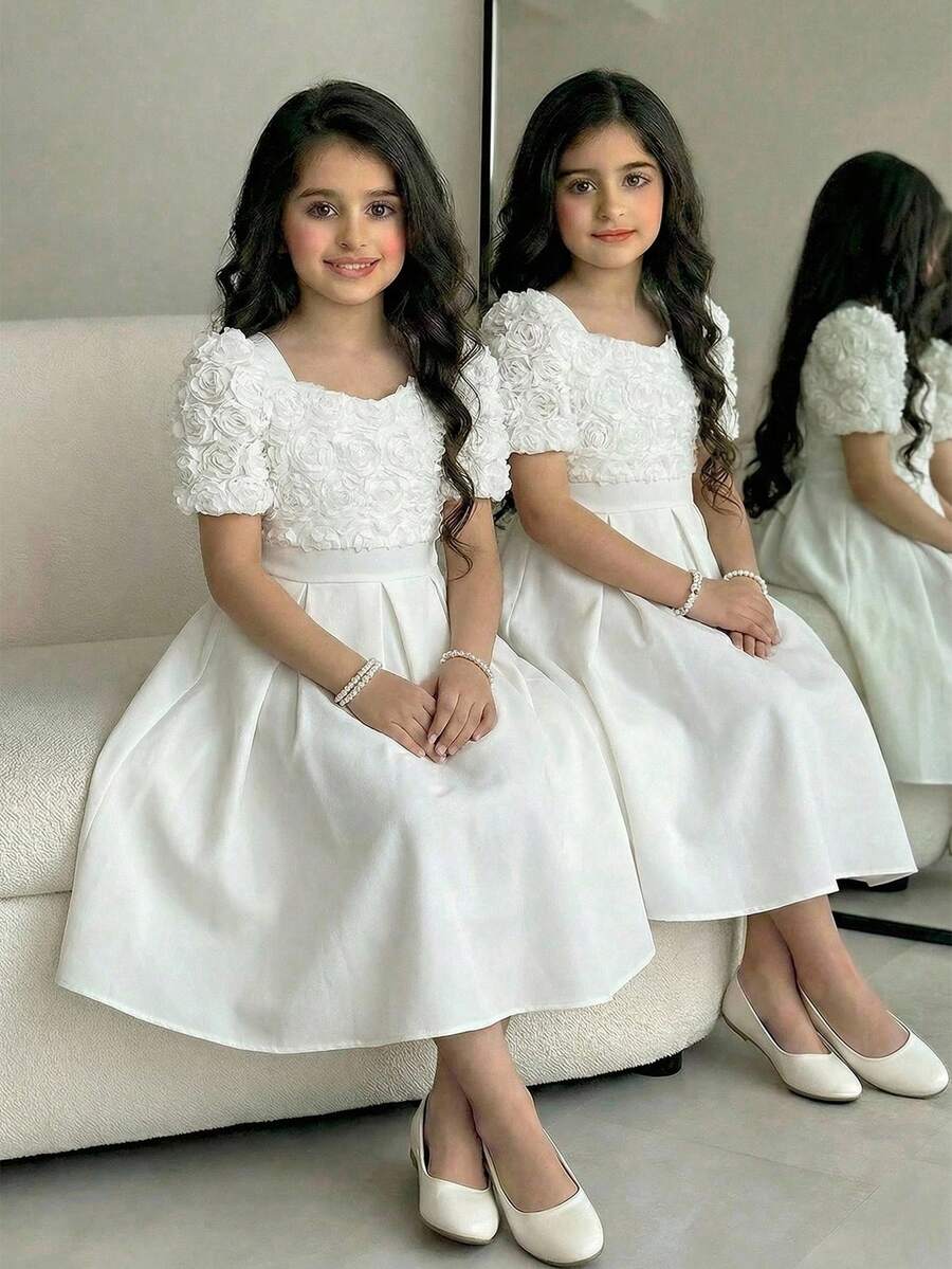 SHEIN 1件少女优雅网纱玫瑰刺绣方领拉链后背泡泡袖修身白色连衣裙，适合日常穿着、派对、婚礼、各种场合 - 白色 - 查看 1