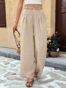 SHEIN Frenchy Women's Pleated Pocket Wide Leg Loose Casual Pants For Vacation - Apricot - View 4