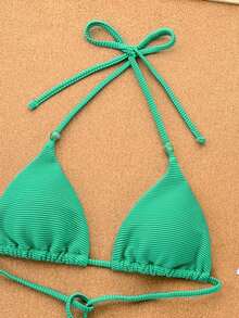 Swim Vcay Bộ bikini 2 mảnh màu xanh lá cây họa tiết sọc, cổ yếm, xẻ cao bên hông, xếp ly, đính hạt cườm, dành cho nữ, mùa Xuân/Hè 2026. - màu xanh lá - Xem 5