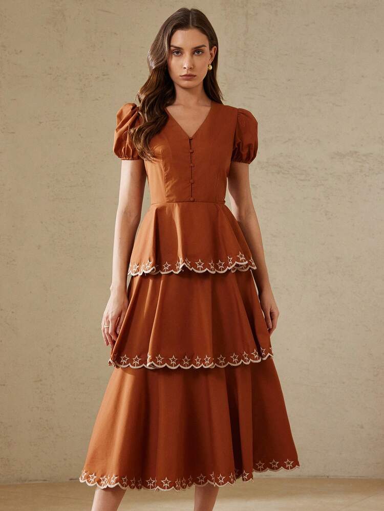 Aveloria Rosie New Fashion Heavy Lace Embroidery V-Neck Button Decor Petal Sleeve Layered Cake Skirt Long Casual Dress - Coral Orange - View 7