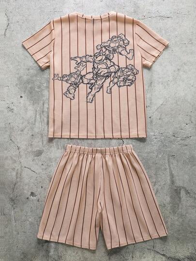 TEENAGE MUTANT NINJA TURTLES | SHEIN Conjunto de pijama con top de manga corta y pantalones cortos con estampado de rayas y letras de dibujos animados para niño preadolescente