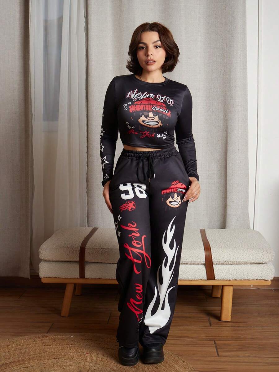 Lupita Cardoza Y2K 街头服饰 复古嘻哈数码印花女款上衣和裤子两件套 - 黑色 - 查看 1