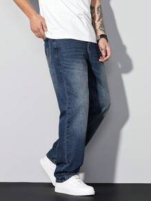 Manfinity Homme Quần jeans nam ống đứng màu xanh nhạt kiểu retro vintage thường ngày. - Rửa trung bình - Xem 3