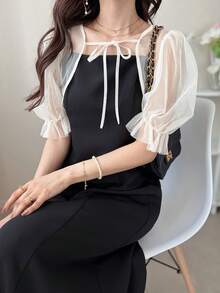 FRIFUL Bộ đồ hai mảnh tay ngắn ngọt ngào dành cho nữ, gồm váy hai dây và áo sơ mi tay cánh hoa buộc eo, thích hợp mặc ở nhà vào mùa hè. - màu đen - Xem 8