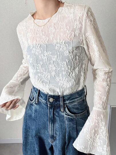 FRIFUL Women's Round Neck Lace Fabric Fitted Flare Sleeve Solid Color Casual T-Shirt
