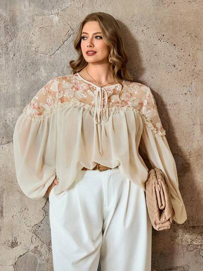 Roveilla Plus Size Women's Patchwork 3D Floral Shirt, Textured Fabric Elegant Blouse With Embroidery Detail, Minimalist Casual Top Boho Blouses Filipiniana Blouse Cream Blouse Peasant Blouse Cottagecore Dress