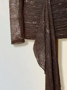 SHEIN ICON Women's Brown Floral Chic Summer Club Night Sheer Round Neck Lace Patchwork Jumpsuit And Mini Skirt 2 Pieces Set,Wedding Guest Party Outfits - Brown - View 5