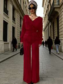 Celisse Conjunto de 2 piezas de top de manga larga con cuello superpuesto y cintura ceñida, y pantalones, elegante para otoño - Rojo - Ver 3