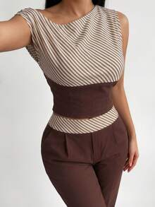 SHEIN SXY Áo kiểu mùa hè kẻ sọc phối màu cổ lệch vai - Nhiều màu - Xem 3