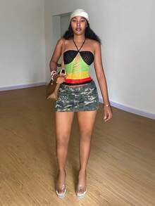 StreetHx 时尚休闲街头风贴袋铆钉迷彩低腰牛仔迷你裙 - 軍綠色 - 查看 11