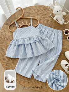 Cozy Pixies 2pcs Baby Girl Blue & White Striped Camisole Top And Elastic Waist Pants Set Blue Two Piece Set Toddler Outfits 2 Piece Ruffles Baby Girl Blue Two Piece Baby Girl Outfit Set - Blue and White - View 7