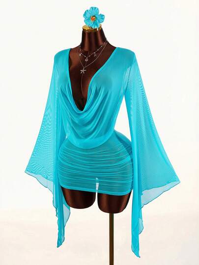 Amplova Women's Long Sleeve Plunging Neck Cover-Up Skirt, Sexy Avant-Garde Sheer Swimsuit Cover-Up Mini Dress, Cute Backless Sheer Outfit Suitable For Vacation, Spring/Summer