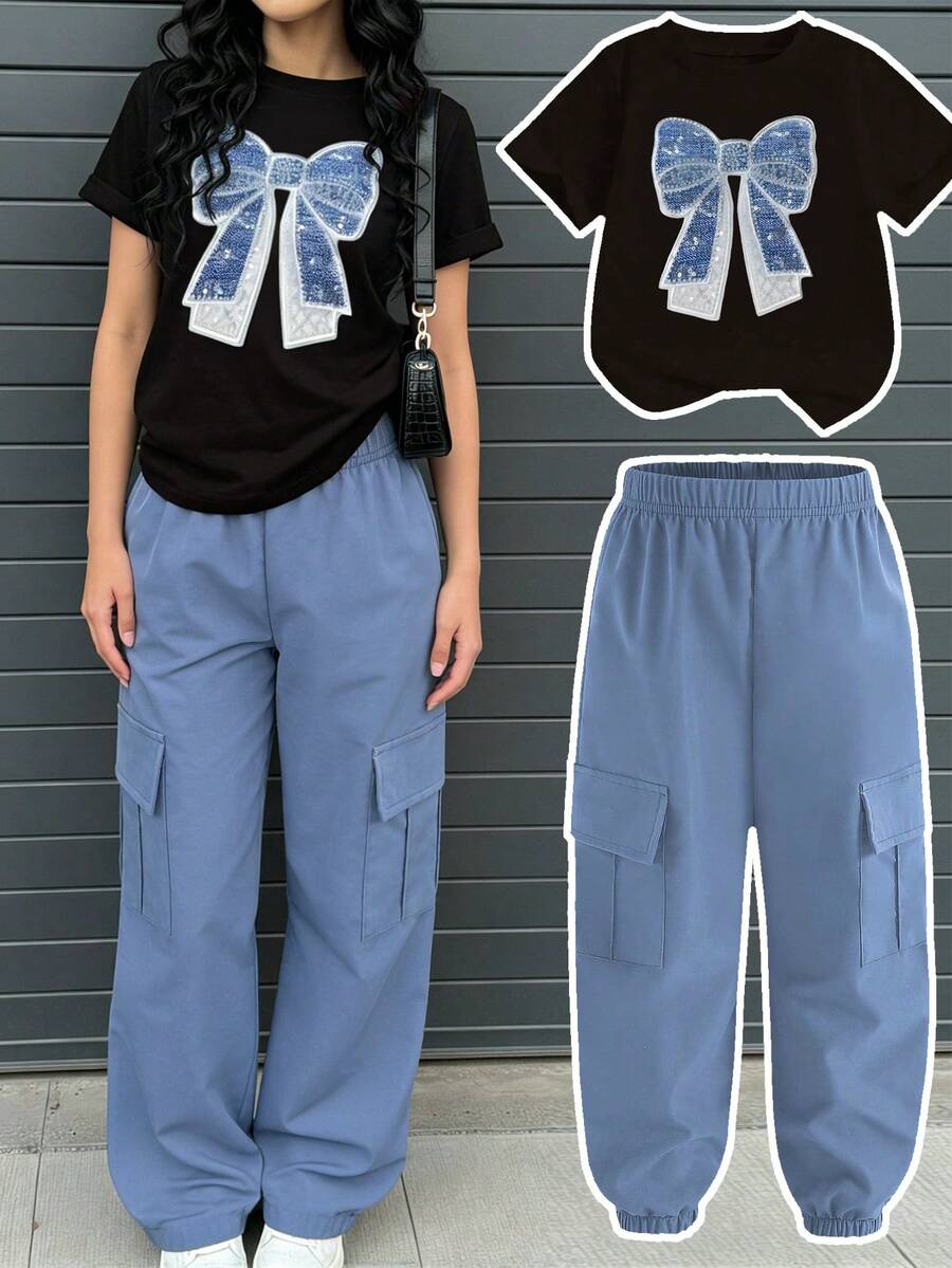 SHEIN Bộ 2 món dành cho nữ tuổi teen, thời trang thường ngày, áo thun ngắn tay và quần cargo, thiết kế nơ, áo thun cổ tròn thoải mái kết hợp với quần legging, thích hợp cho hoạt động ngoài trời, thường ngày, dạo phố, đi học, dự tiệc, làm quà tặng. - Nhiều màu - Xem 1