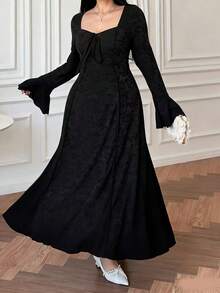 Vibekara Vestido de línea A con cuello cuadrado y cintura ceñida para tallas grandes - Negro - Ver 3
