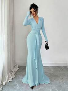 SHEIN Raffinéa Đầm dạ hội màu nâu cổ chữ V sâu, kiểu dáng sang trọng mới dành cho nữ, đầm dài ôm sát tay đuôi cá với thiết kế thắt eo. - Màu xanh lam - Xem 3