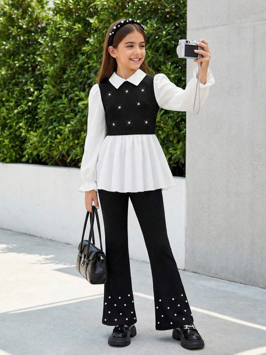 2件套少女休闲优雅拼接针织衬衫裤套装,适合春秋季穿着 - 黑色 - 查看 1