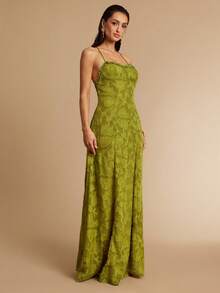 Silquee 春夏芥末绿荷叶边无肩带中长连衣裙，活力绿色3D立体花卉面料，仙境森林绿连衣裙，适合派对、婚礼、家庭聚会等场合，无肩带设计，春季新款仙境森林绿连衣裙，夏季自然色差及3D立体花卉连衣裙 - 綠色 - 查看 5